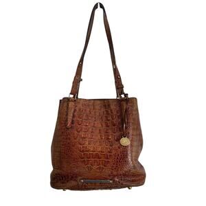 Brahmin Bucket Bag Womens Brown Croc Embossed Leather Shoulder Tote Purse Large
